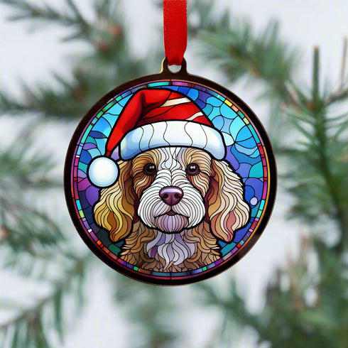 Cockapoo in Santa Hat Suncatcher Decoration